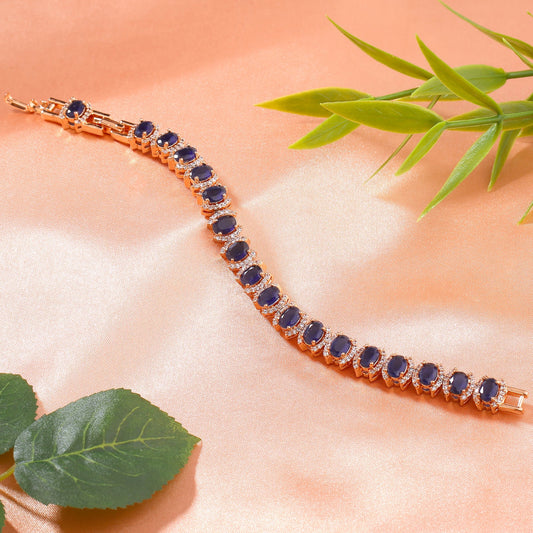 Estele Rose Gold-Polished CZ Ravishing Oval Designer Charm Bracelet with Blue American Diamonds for Women