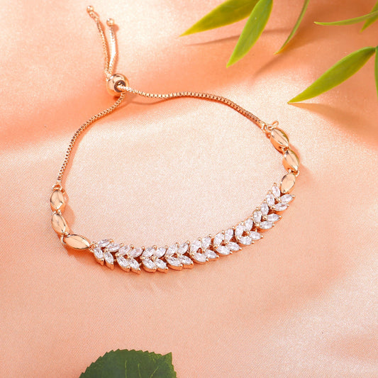 Estele Rose Gold-Polished CZ Leaf Designer Adjustable Charm Bracelet with White American Diamonds for Women