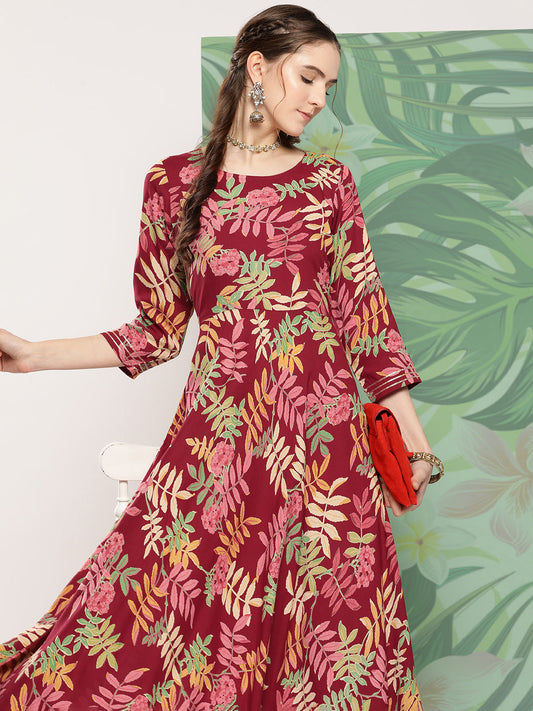 InWeave Women's Red Tropical Print Gota Long Dress - Swadesiicart