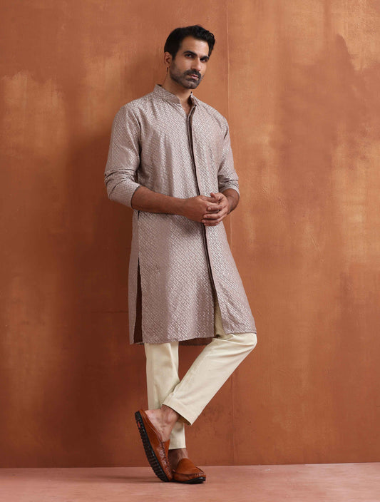 trueBrowns Men's Beige Cotton Dobby Kurta | Swadesiicart