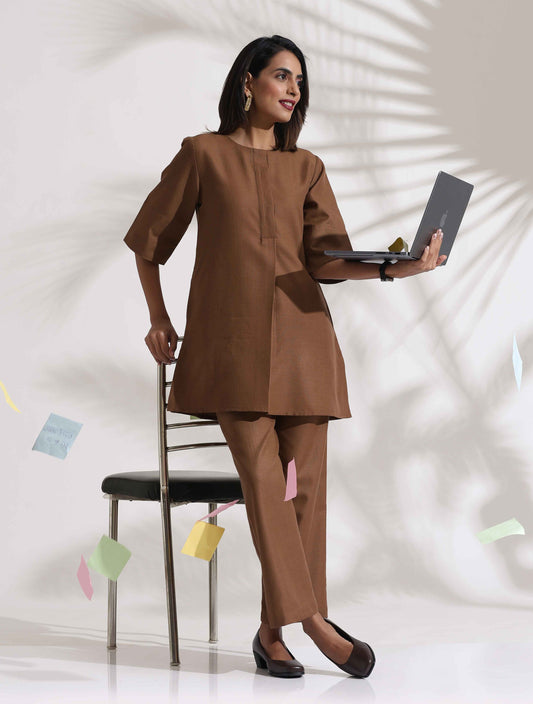 trueBrowns Brown Slub Co-ord Set - Swadesiicart