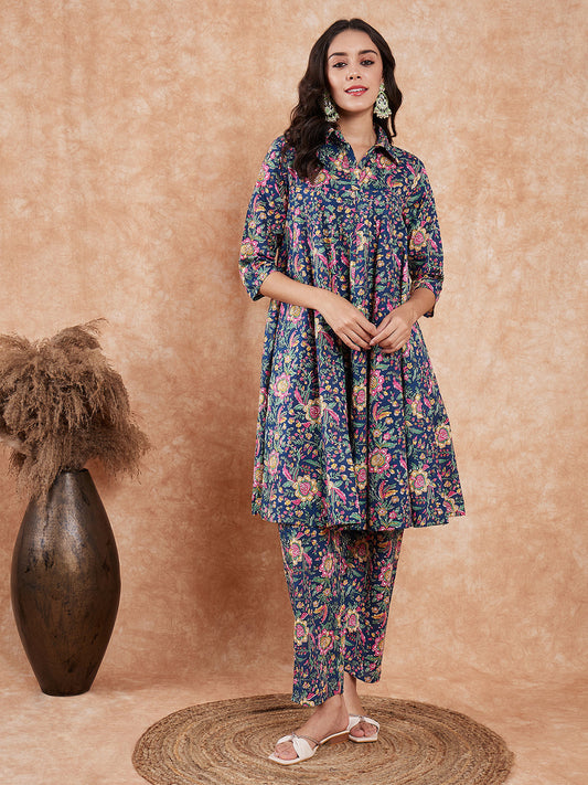 InWeave Women's Blue Green Pink Floral Print Flared Kurta Pant Set - Swadesiicart
