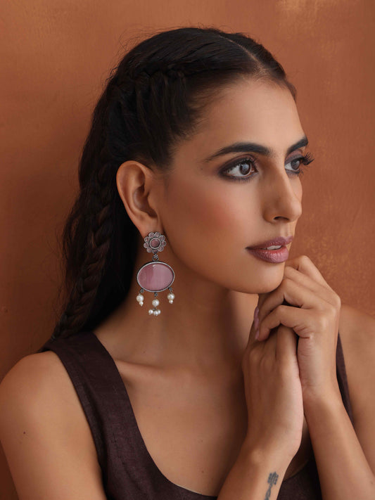 trueBrowns Silver Tone Pink Stone Dangle Earrings - Swadesiicart