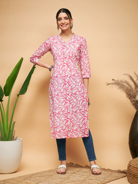 InWeave Women's Pink Foil White Print Angrakha Stright Kurta - Swadesiicart