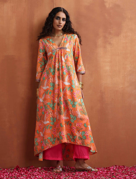 trueBrowns Orange Floral Print A-line Kurta Set | Swadesiicart