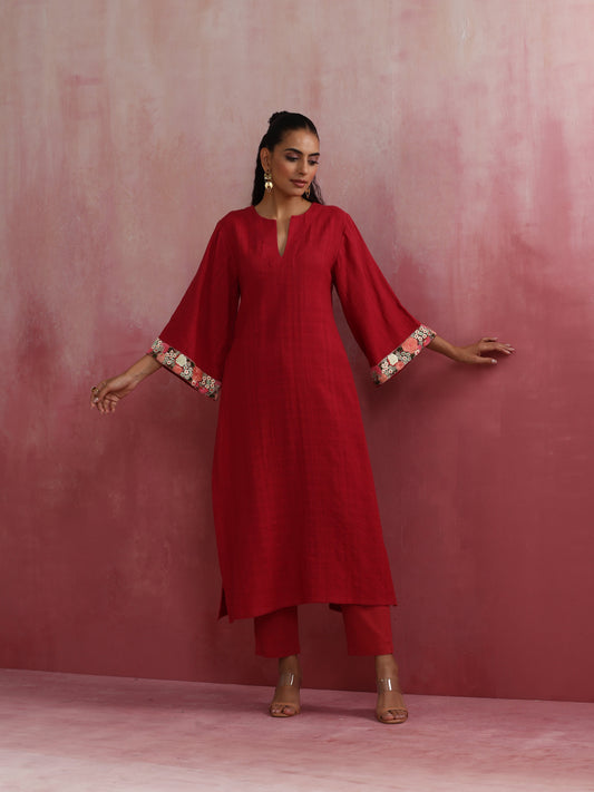 trueBrowns Red Straight Cotton Dobby Kurta Set | Swadesiicart
