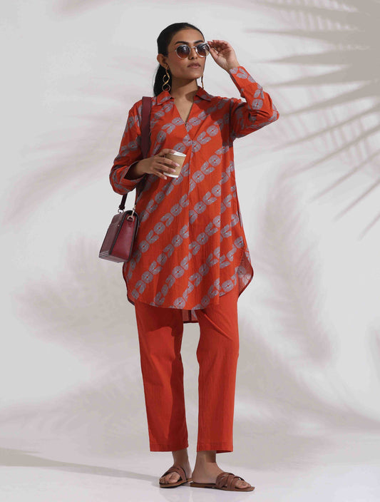trueBrowns Orange Cotton Print Co-ord Set - Swadesiicart