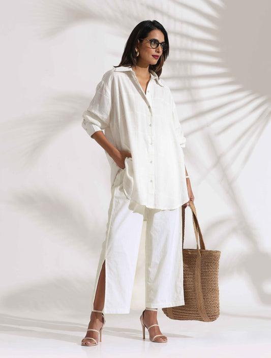 trueBrowns White Cotton Check Shirt Co-ord Set - Swadesiicart