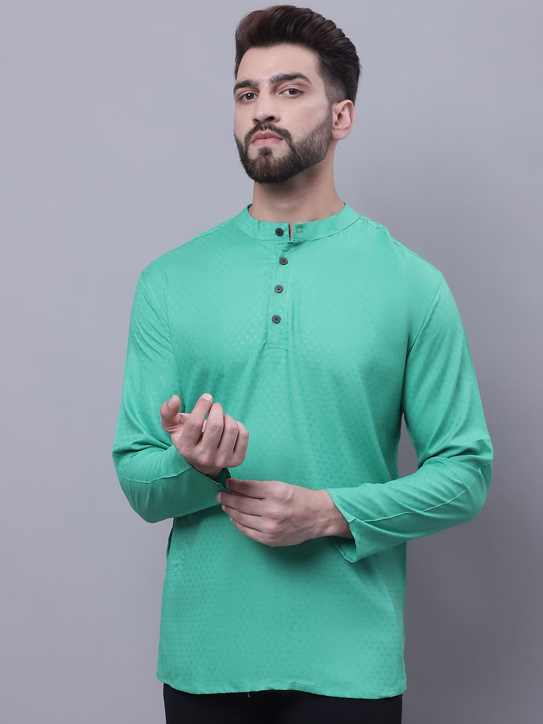 Even Apparels Green Pure Cotton Short Kurta With Band Collar | Swadesiicart