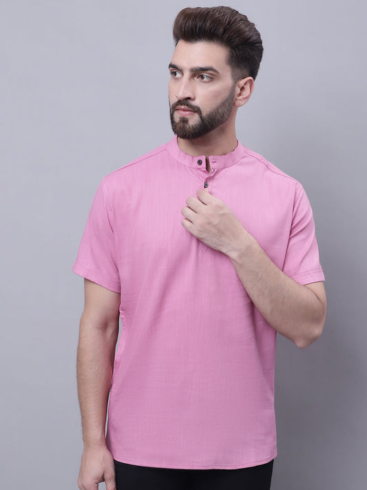 Even Apparels Pink Pure Cotton Short Kurta With Band Collar | Swadesiicart
