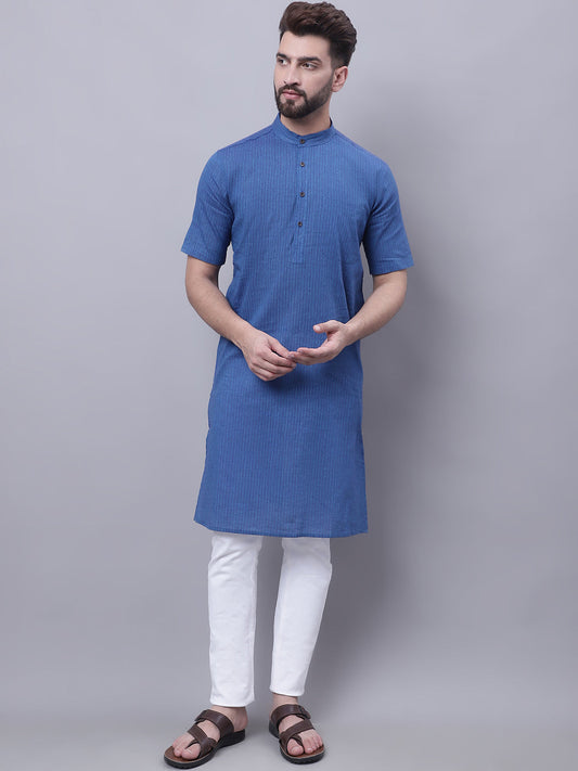 Even Apparels Blue Pure Cotton Short Sleeves Kurta With Band Collar | Swadesiicart