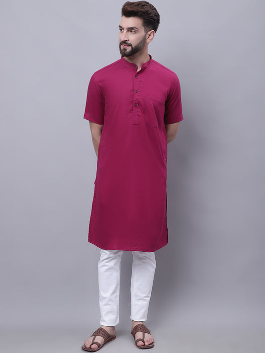 Even Apparels Maroon Pure Cotton Short Sleeves Kurta With Band Collar | Swadesiicart