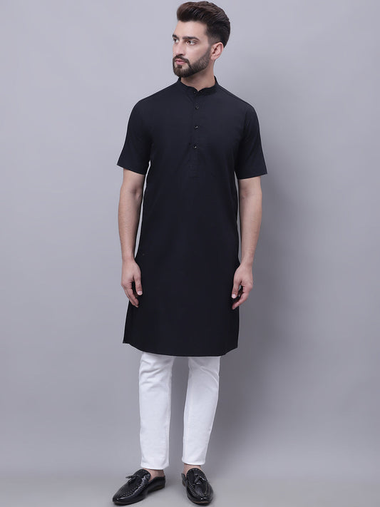 Even Apparels Black Pure Cotton Short Sleeves Kurta With Band Collar | Swadesiicart