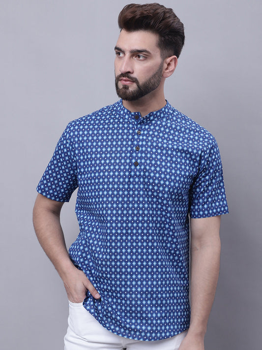 Even Apparels Blue Pure Cotton Short Kurta With Band Collar | Swadesiicart