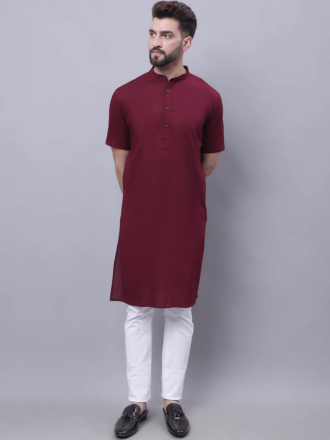 Even Apparels Red Pure Cotton Short Sleeves Kurta With Band Collar | Swadesiicart