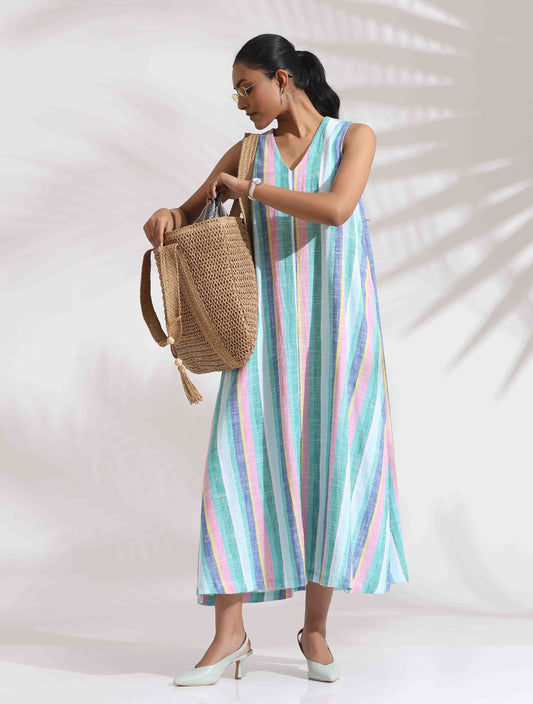 trueBrowns Green Cotton Multi Stripe Flared Dress | Swadesiicart