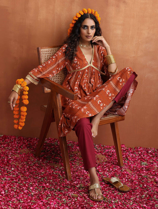 trueBrowns Orange Print Anarkali Kurta Co-ord Set - Swadesiicart