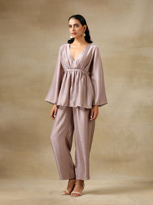 trueBrowns Grey Textured Silk Deep V-Neck Co-Ord Set - Swadesiicart