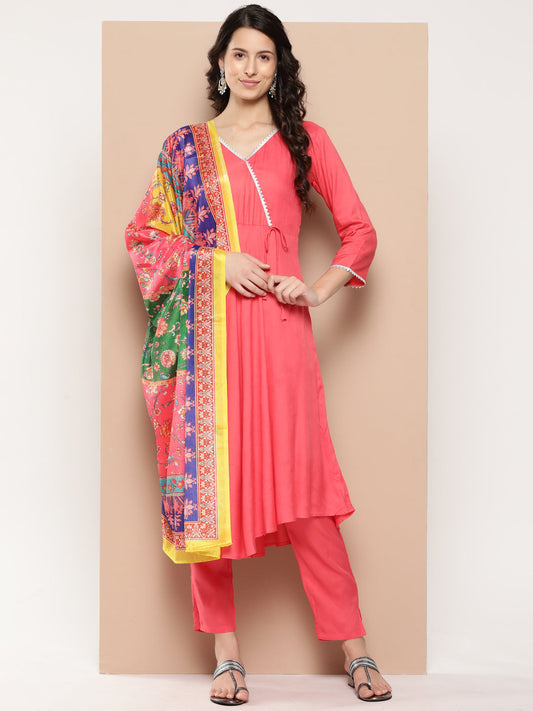 InWeave Women's Camelia Gota Angrakha Kurta Set W Yellow Orange Dupatta - Swadesiicart