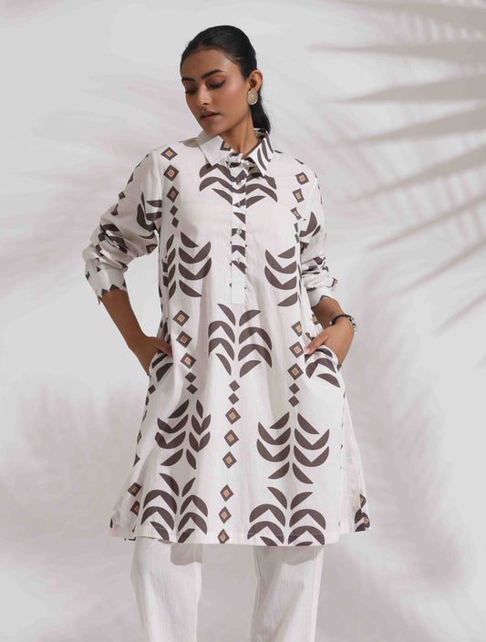 trueBrowns White Cotton Stripe Print Kurta Co-ord Set - Swadesiicart