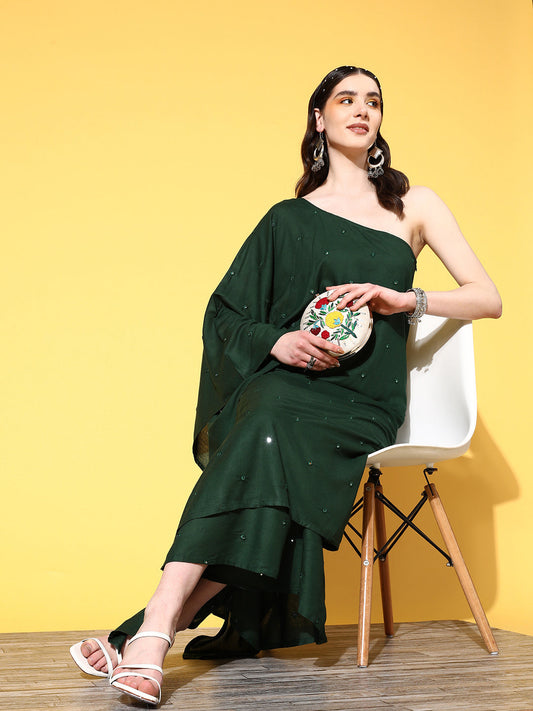 InWeave Women's Green Mirror Work One Shoulder Kurta Set - Swadesiicart