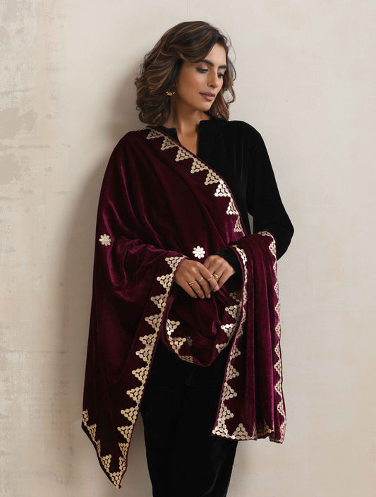 trueBrowns Wine Velvet Gota Patti Stole | Swadesiicart