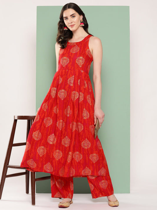 InWeave Women's Rust Mughal Print Raisa Back Detial Long Coords Set - Swadesiicart