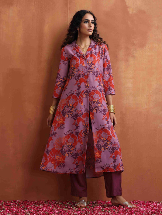 trueBrowns Purple Print Shirt Kurta Set | Swadesiicart
