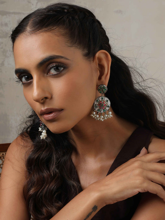 trueBrowns Silver Gold Tone Circular Stone Earrings - Swadesiicart