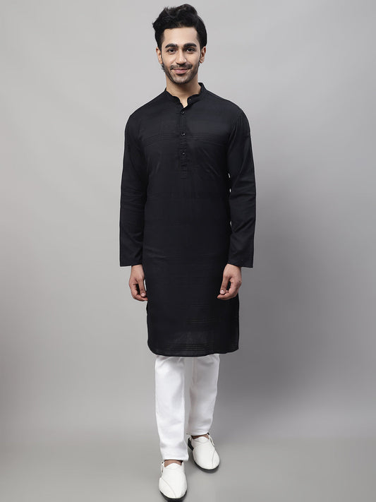 Even Apparels Black Pure Cotton Kurta With Band Collar | Swadesiicart