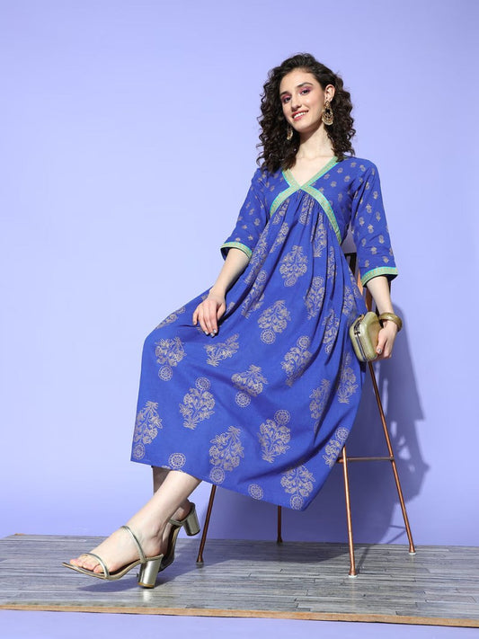 Ahalyaa Blue Floral Print Midi Empire Ethnic Dress | Swadesiicart