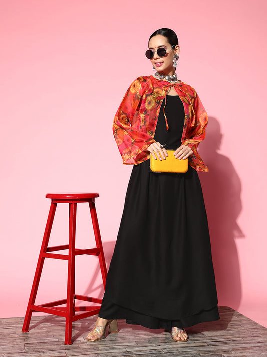 InWeave Women's Black Strappy Set With Pink Mustard Floral Short Organza Cape - Swadesiicart