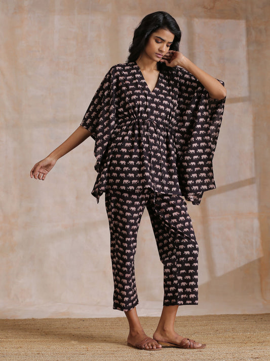 trueBrowns Black Elephant Bagru Print Cotton Kaftan Co-Ord Set - Swadesiicart