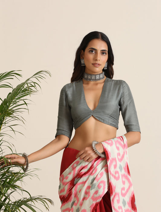 trueBrowns Grey Muslin Solid Deep V-Neck Blouse | Swadesiicart