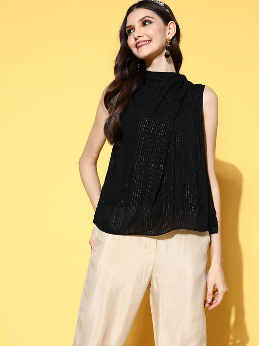 InWeave Women's Black Lurex Tie Up Top - Swadesiicart