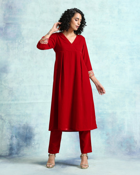 trueBrowns True Red Velvet Yoke Kurta | Swadesiicart