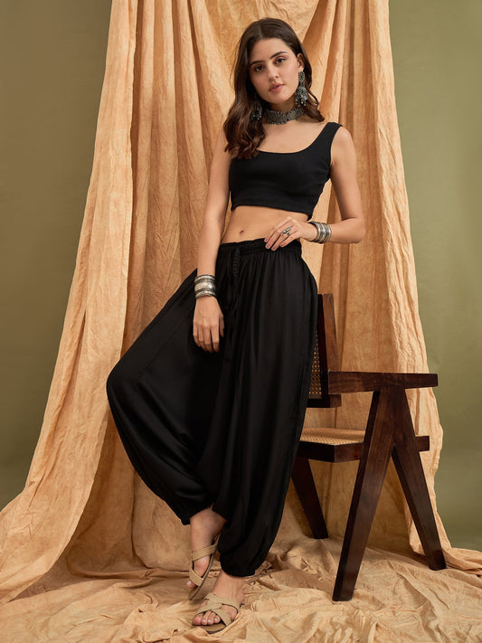 InWeave Black Solid Harem Pant - Swadesiicart