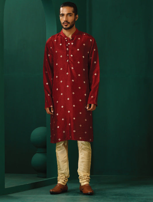 trueBrowns Men's Maroon Diamond Viscose Silk Long Kurta | Swadesiicart