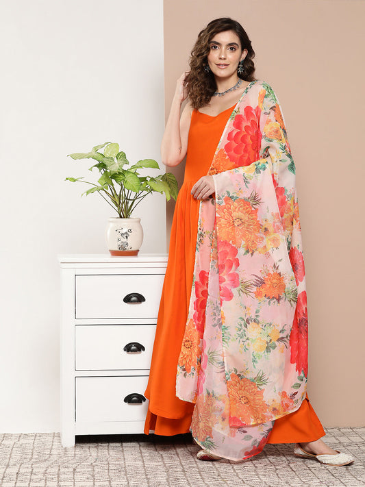 InWeave Women's Orange Strppy Set With Red Big Floral Print Dupatta - Swadesiicart