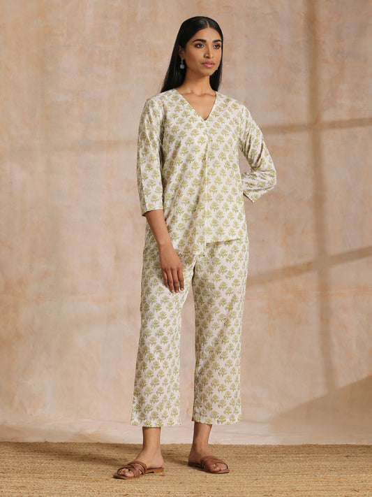 trueBrowns Green Buta On Off-White Block Print Cotton Co-Ord Set - Swadesiicart