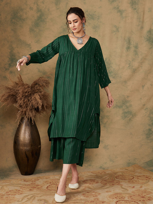 InWeave Women's Pine Green Lurex Flared V Neck Kurta Palazzo Set - Swadesiicart