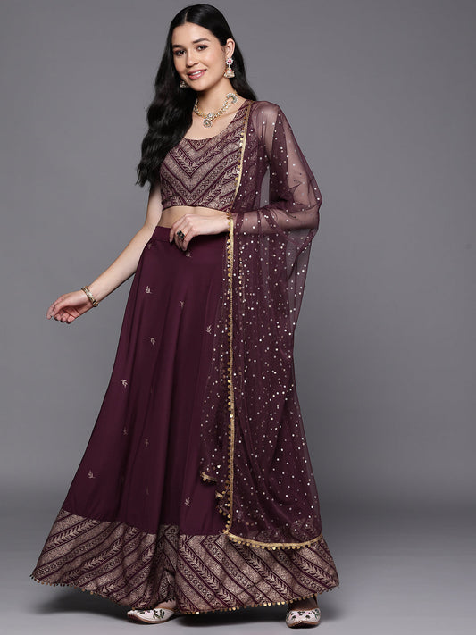 Indian Clothing Ahalyaa Purple & Gold-Toned Printed Sequinned Foil Print Ready to Wear Lehenga & Blouse With Dupatta | Swadesiicart