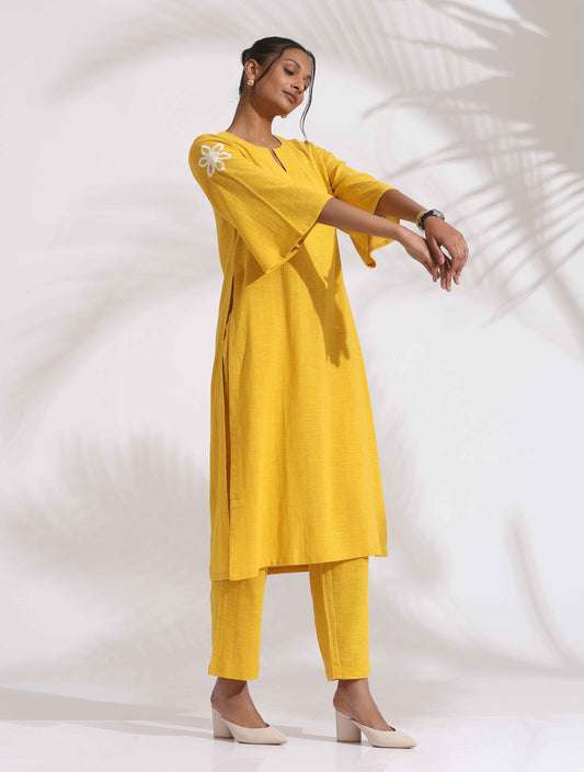trueBrowns Yellow Cotton Slub Embroidered Straight Kurta Set | Swadesiicart