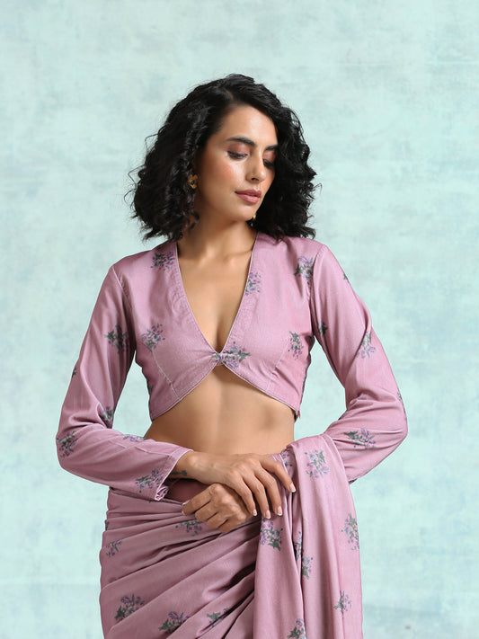 trueBrowns Light Mauve Printed Velvet Blouse | Swadesiicart