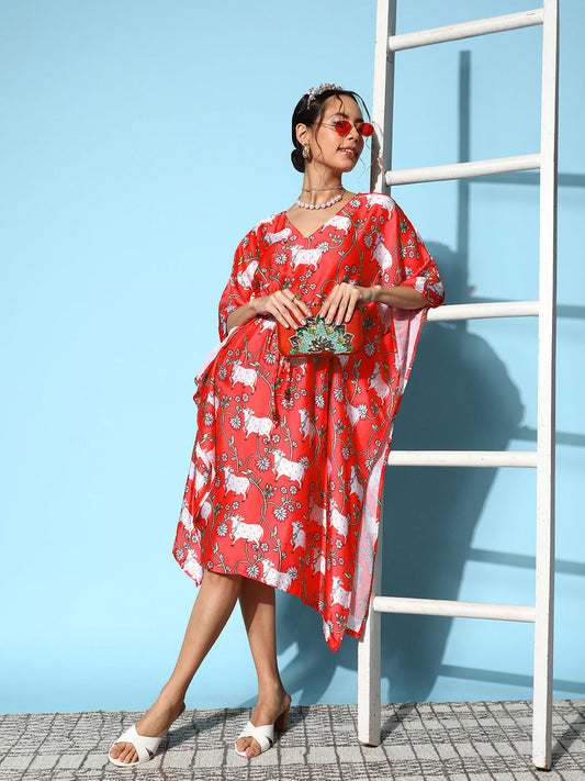 InWeave Women's Bright Pink Indian Bull Print Kaftan - Swadesiicart