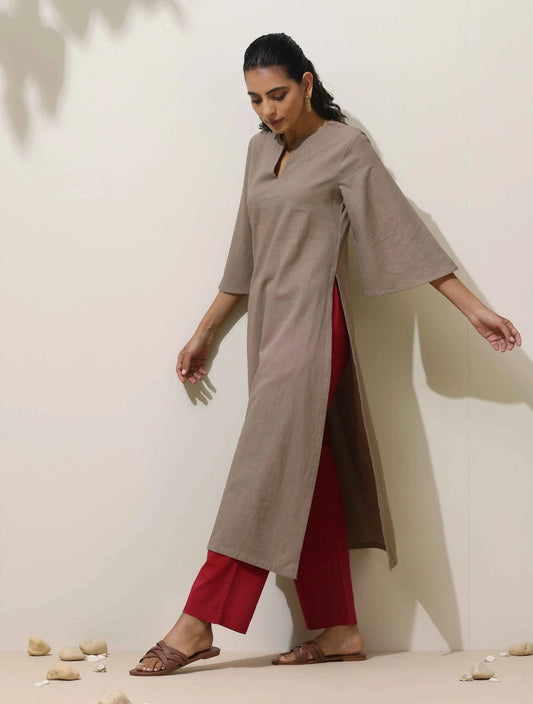 trueBrowns Grey Cotton Linen Kurta Pant Set | Swadesiicart