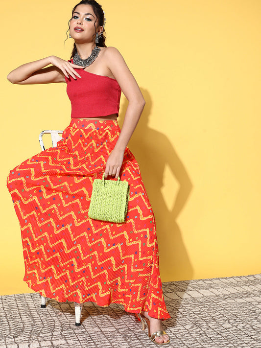 InWeave Women's Orange Bandhej Pleated Skirt - Swadesiicart