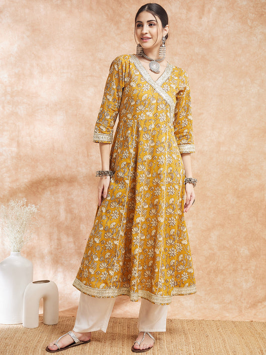 InWeave Women's Mustard Printed Gota Embroidered Anarkali Kurta - Swadesiicart