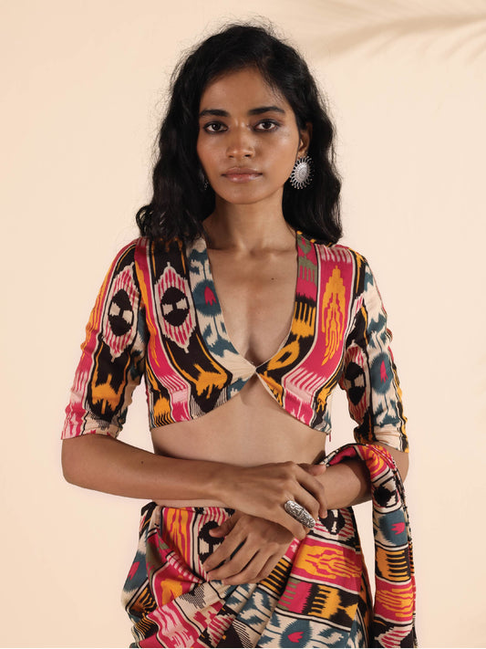 trueBrowns Cola Muslin Ikat Deep V-Neck Blouse | Swadesiicart