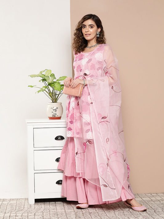 InWeave Women's Pink Printed Chintz Tiered Sharara Set With Dupatta - Swadesiicart